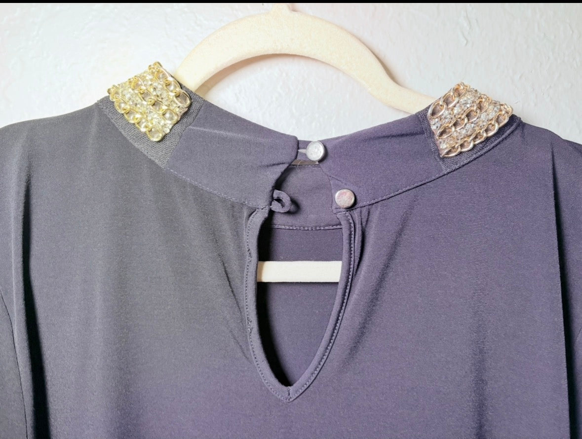 WOMENS NAVY BLUE BLOUSE WITH CHAIN NECKLINE
