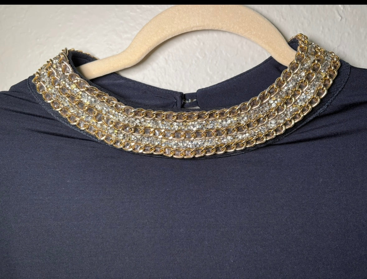 WOMENS NAVY BLUE BLOUSE WITH CHAIN NECKLINE
