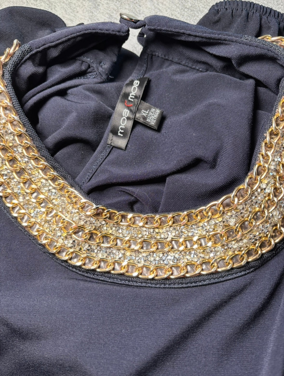 WOMENS NAVY BLUE BLOUSE WITH CHAIN NECKLINE