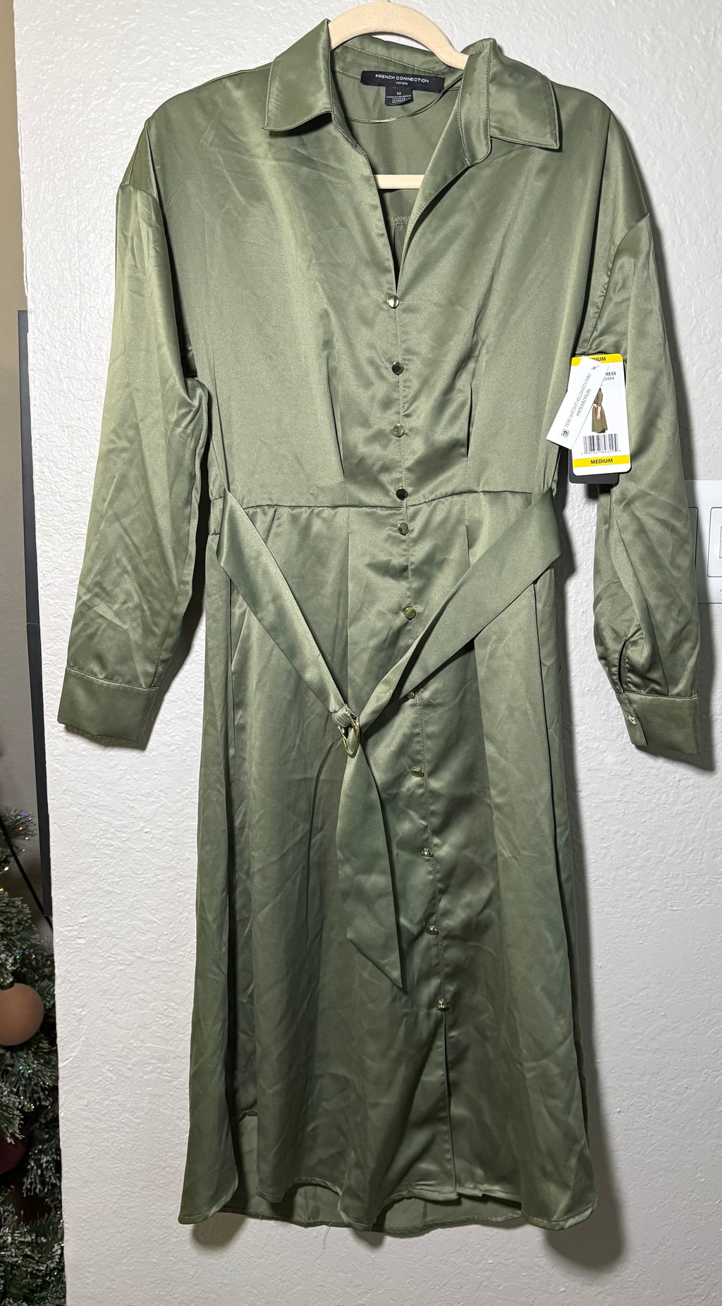 French Connection Deep Green Faux Silk Collared Button Up Belted Dress