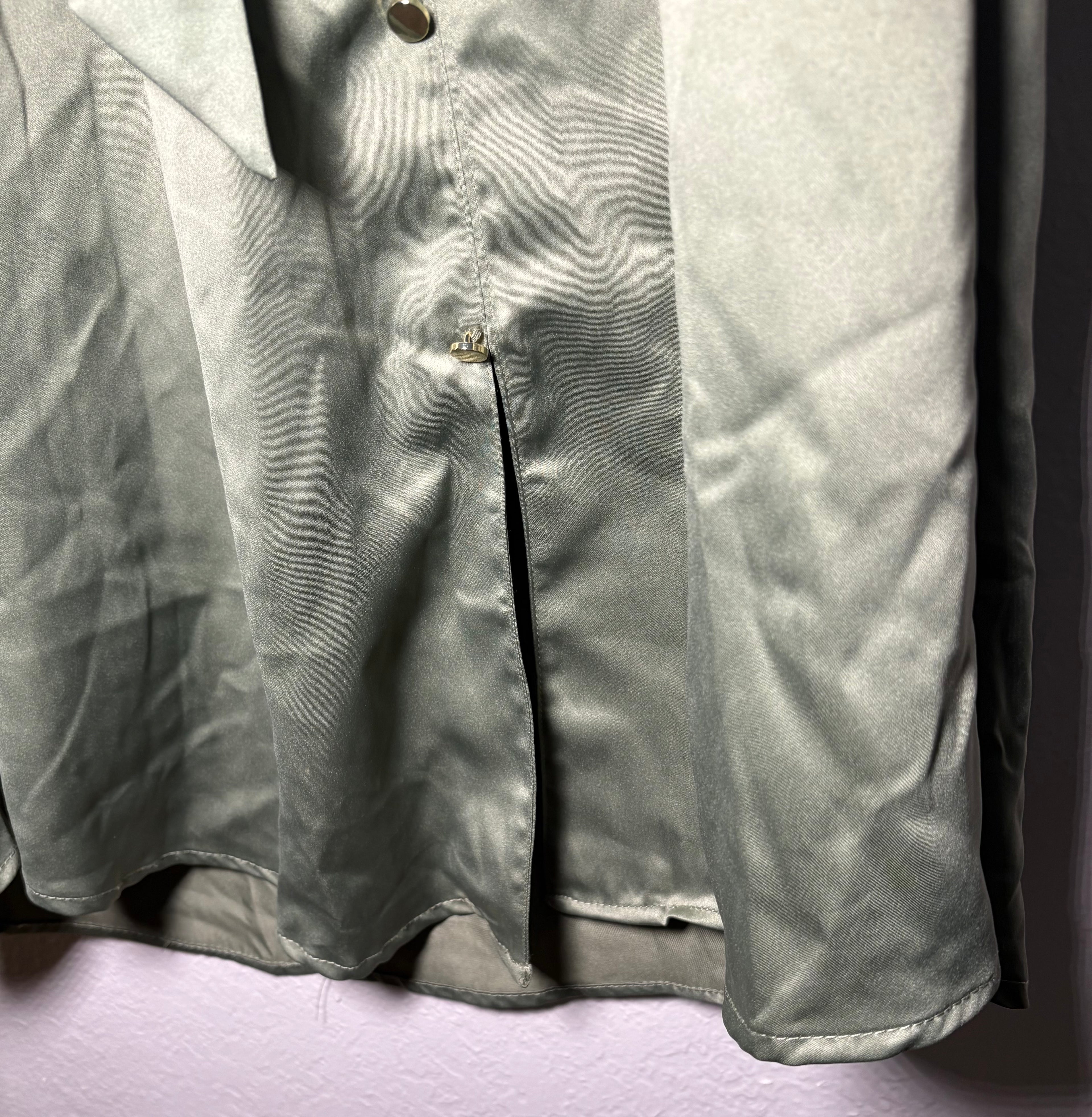 French Connection Deep Green Faux Silk Collared Button Up Belted Dress