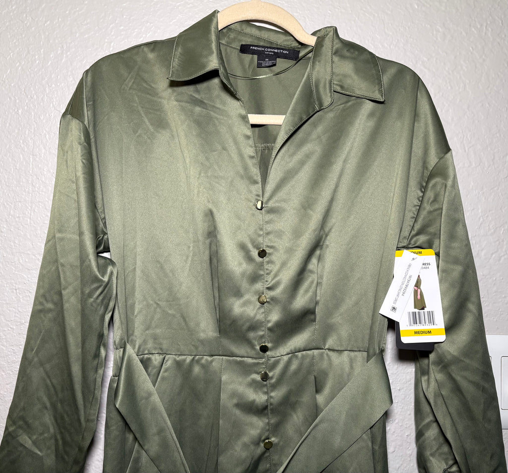 French Connection Deep Green Faux Silk Collared Button Up Belted Dress