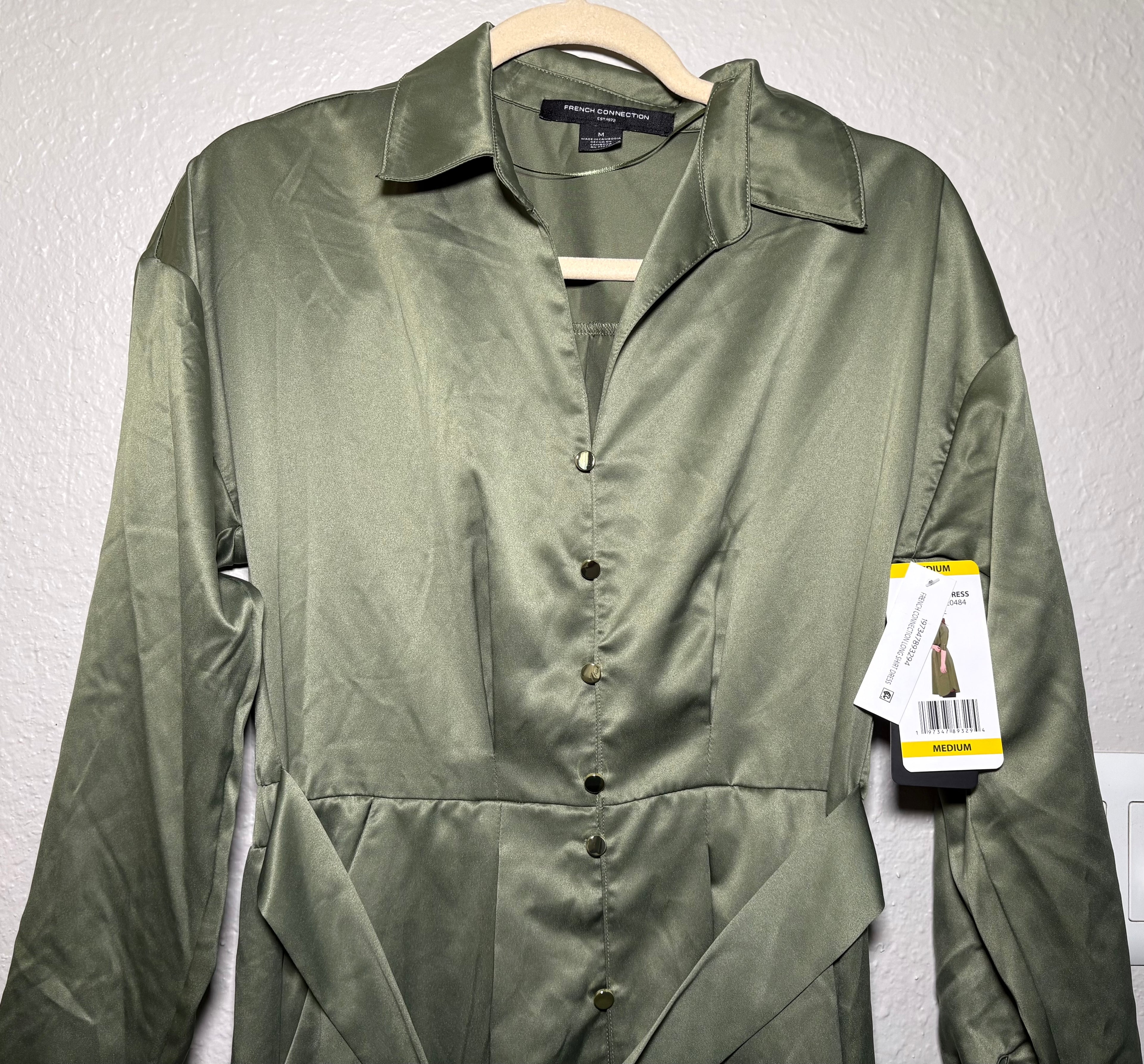 French Connection Deep Green Faux Silk Collared Button Up Belted Dress