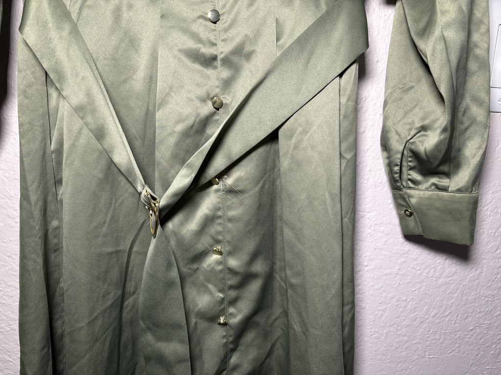 French Connection Deep Green Faux Silk Collared Button Up Belted Dress