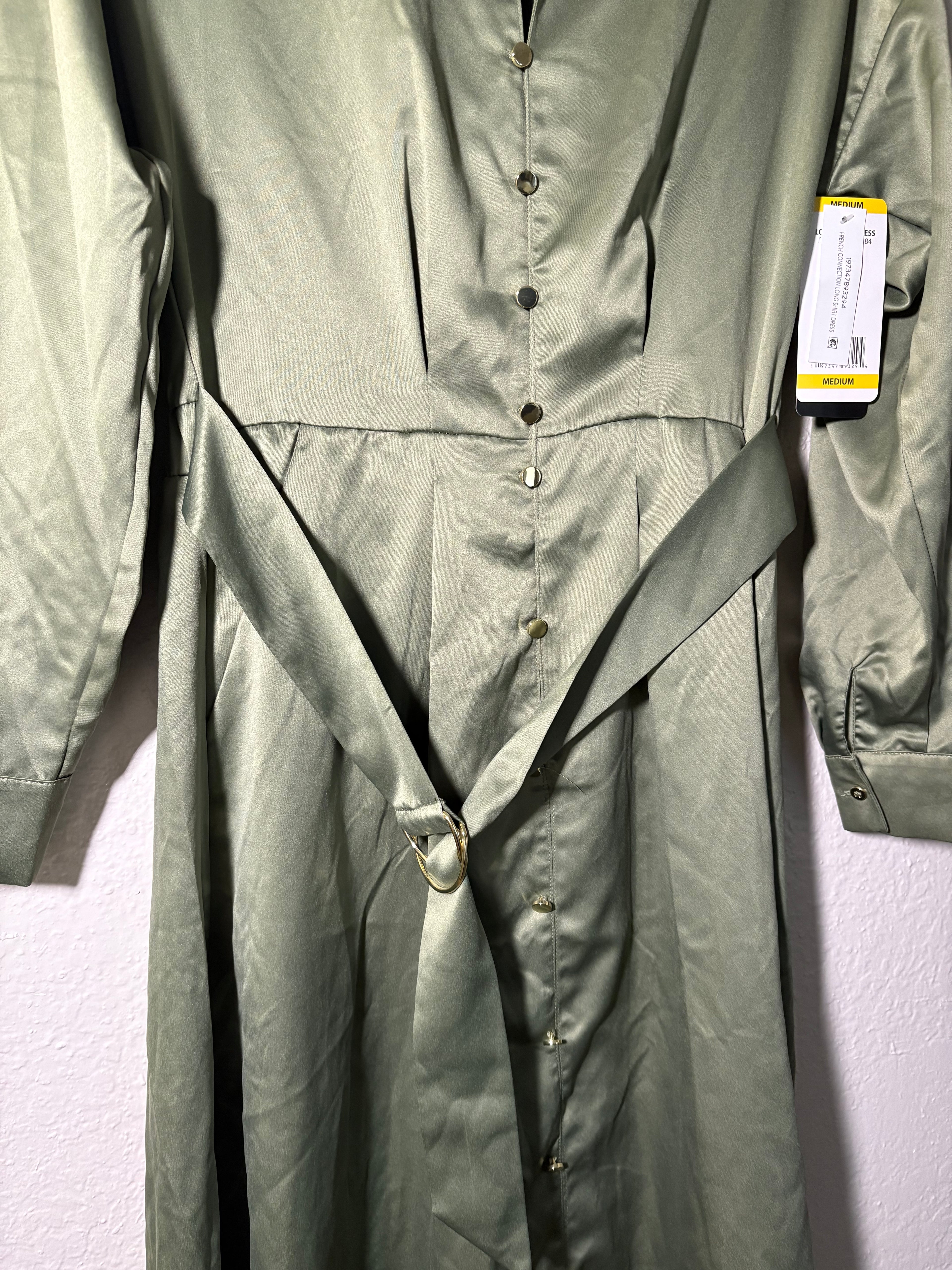 French Connection Deep Green Faux Silk Collared Button Up Belted Dress