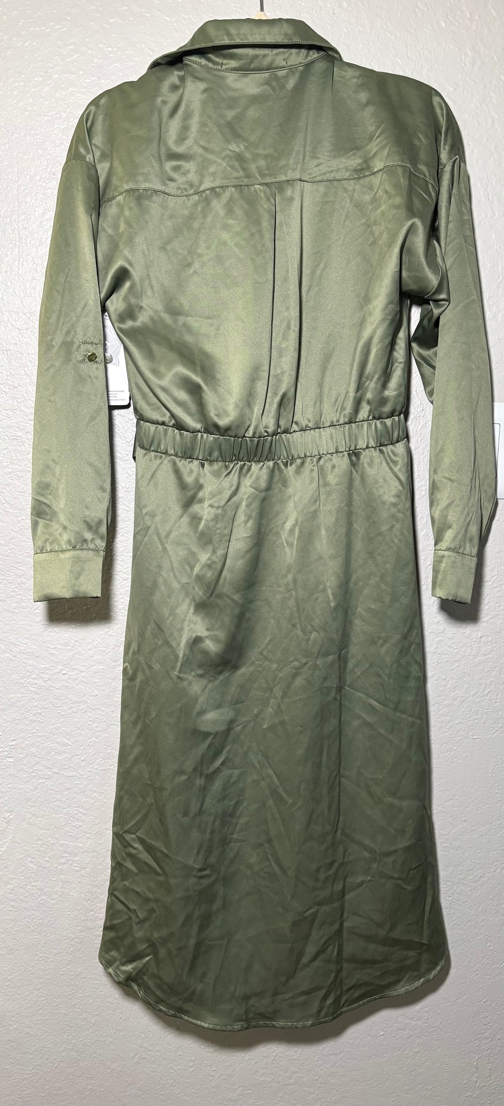 French Connection Deep Green Faux Silk Collared Button Up Belted Dress