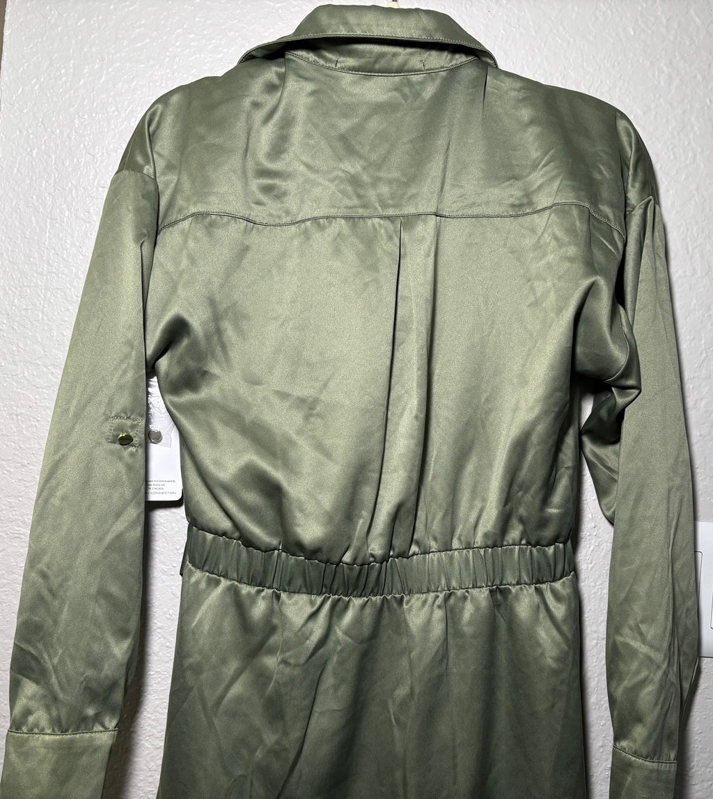 French Connection Deep Green Faux Silk Collared Button Up Belted Dress