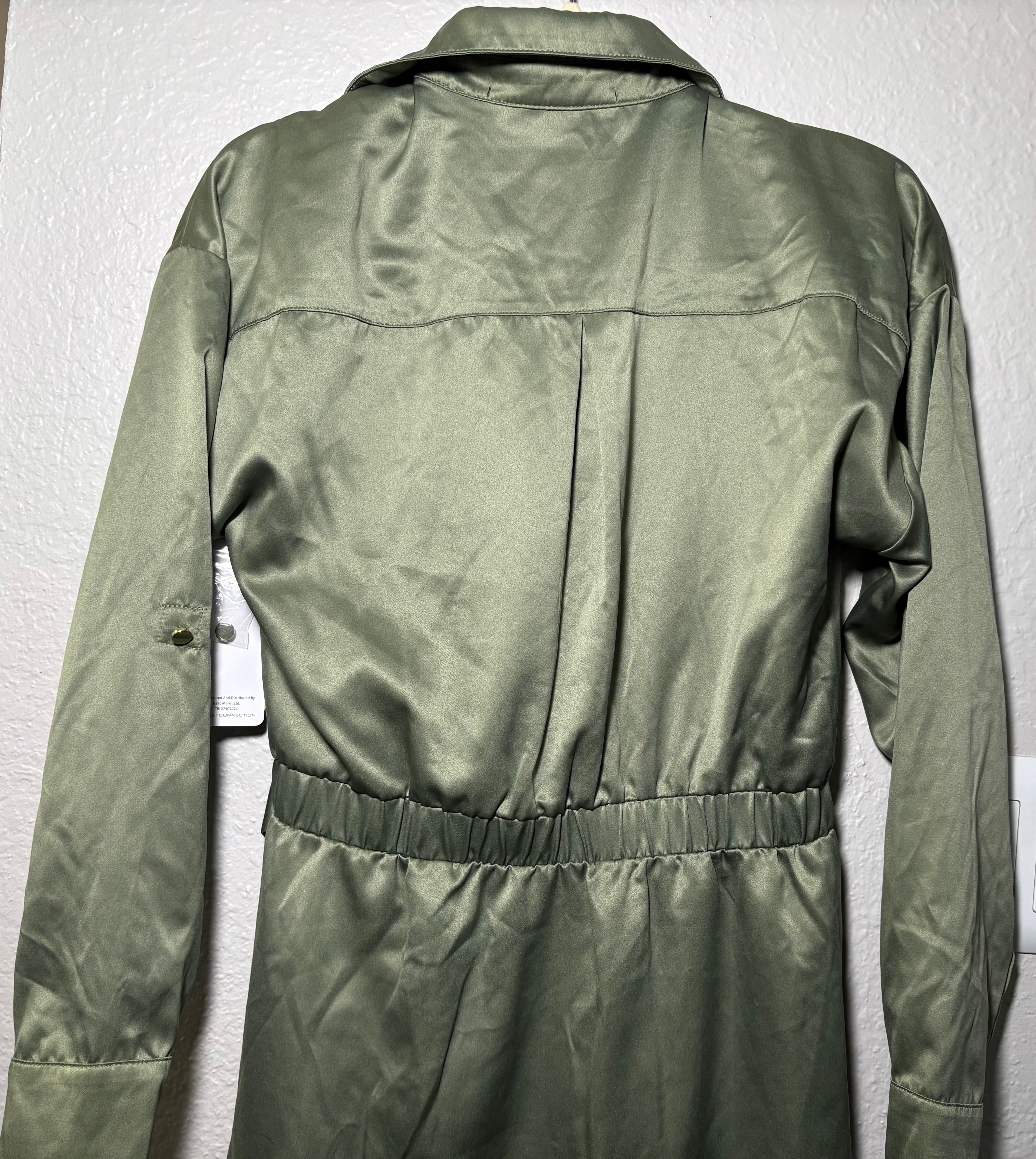 French Connection Deep Green Faux Silk Collared Button Up Belted Dress