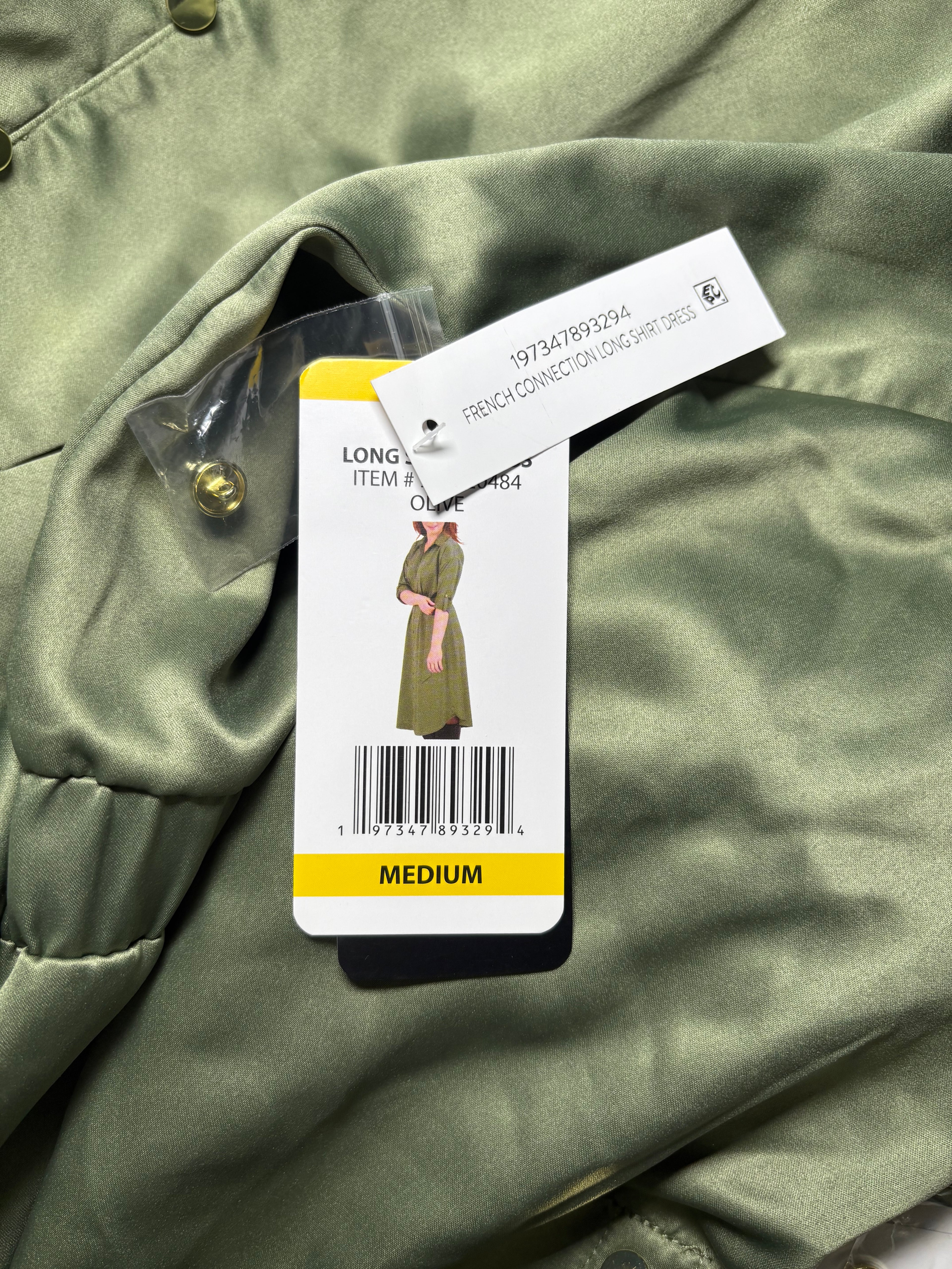 French Connection Deep Green Faux Silk Collared Button Up Belted Dress